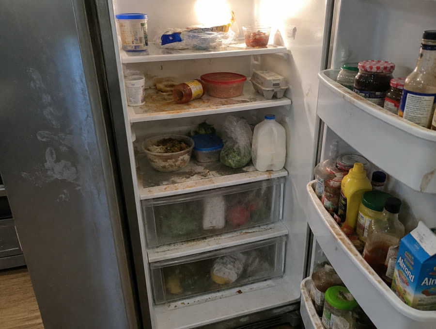 Refrigerator before cleaning — stains and disorganization
