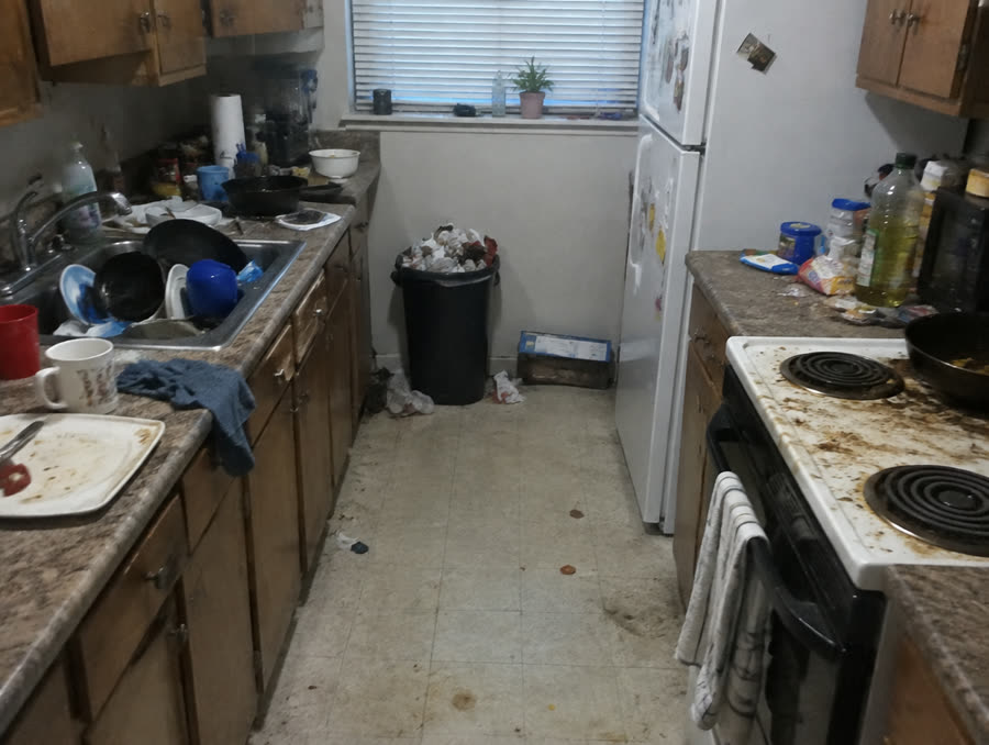Kitchen before cleaning — cluttered counters, dishes in the sink